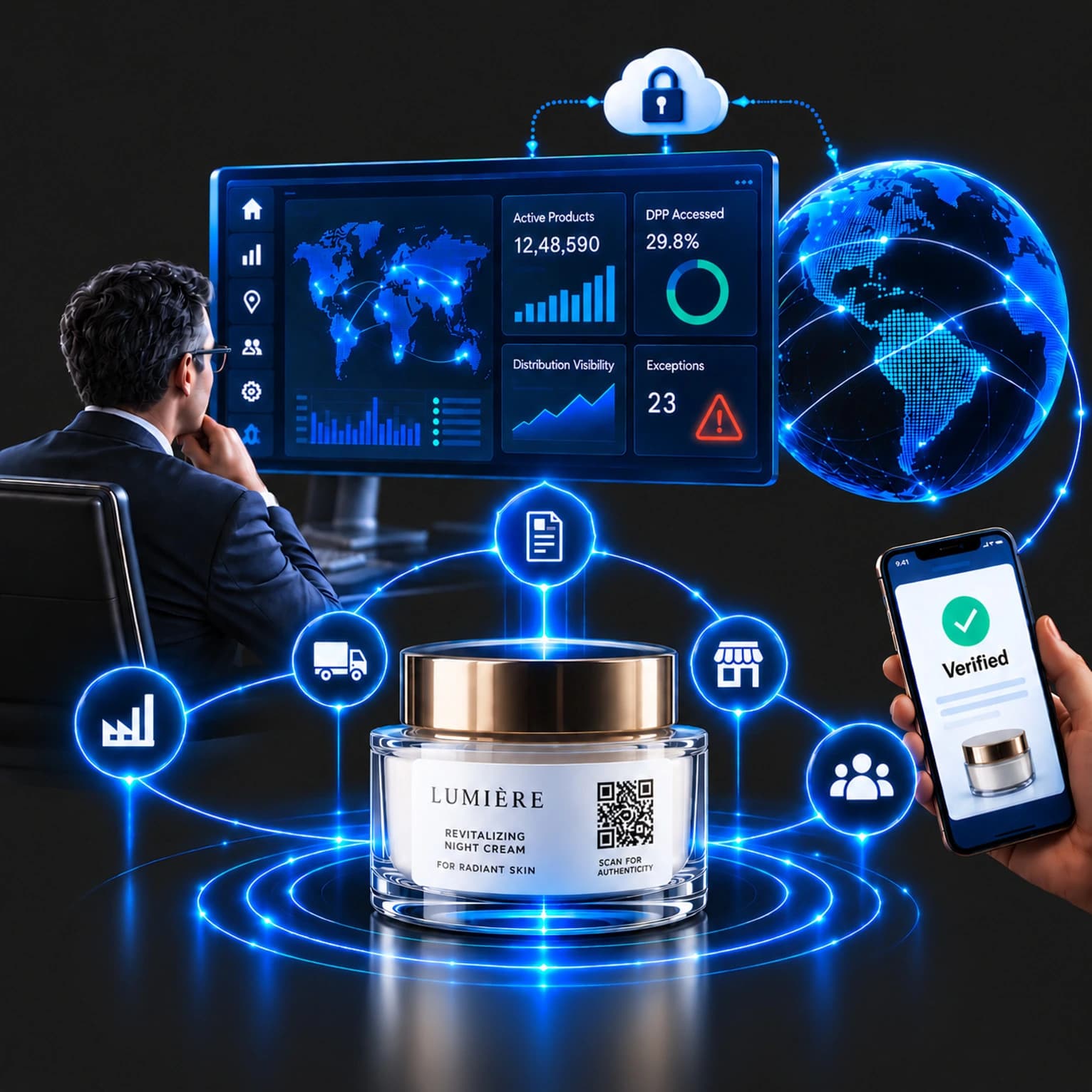 Protect Every Product. Connect Every Consumer. Grow Without Limits Ciphercode verifiable digital product identity connecting a physical product to enterprise dashboards, distribution channels and consumer verification.