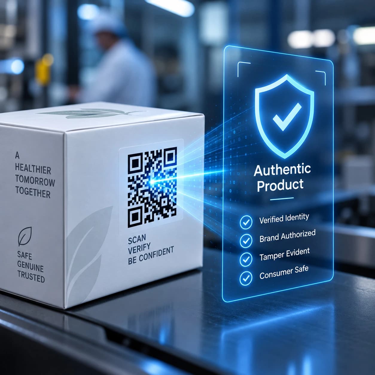 Product package with a QR identity being cryptographically verified as authentic.