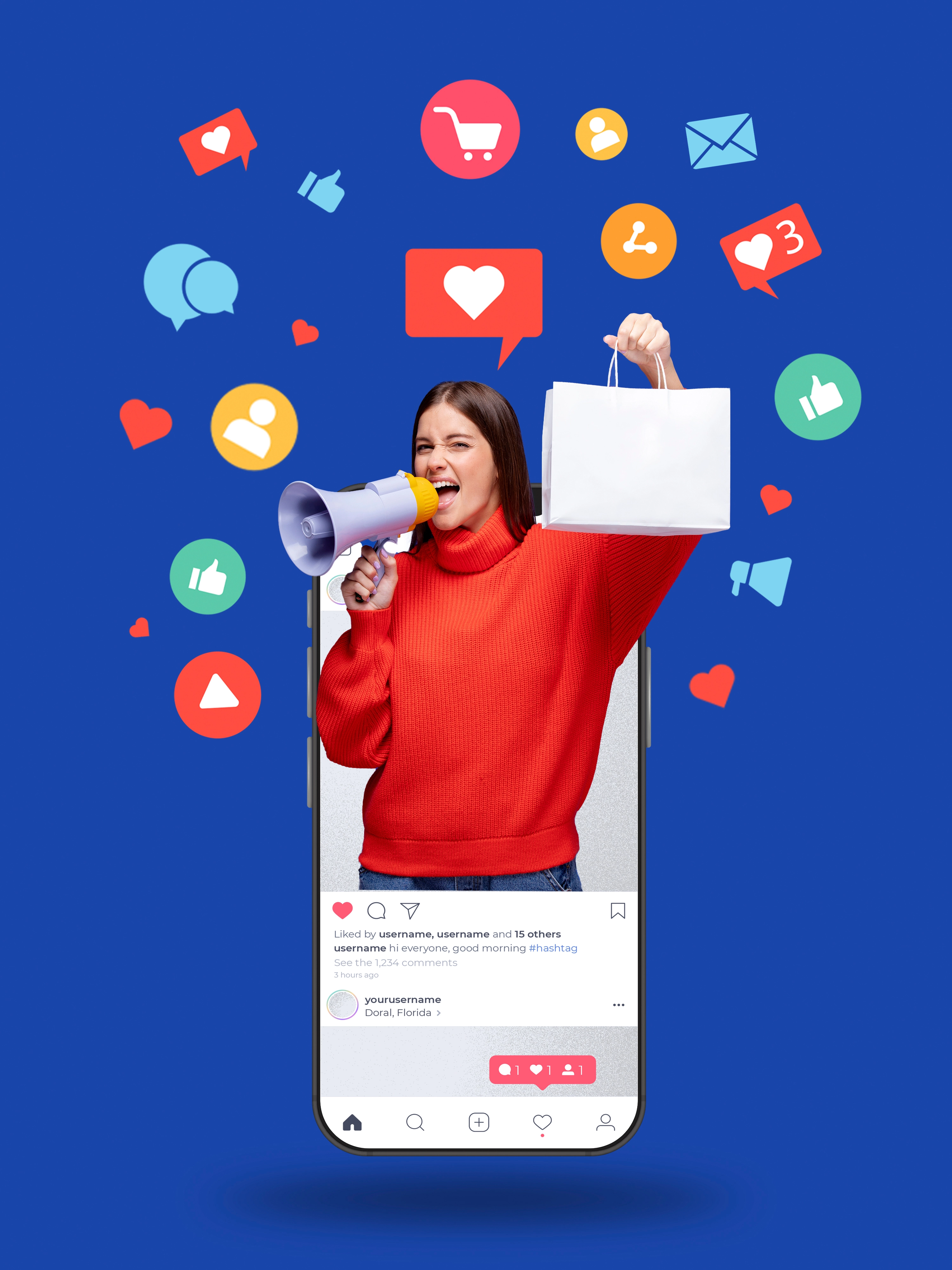 Multi-channel shopping via social media Woman Holding a shopping Bag out of a phone with various icons of impressions, likes, shares etc around her