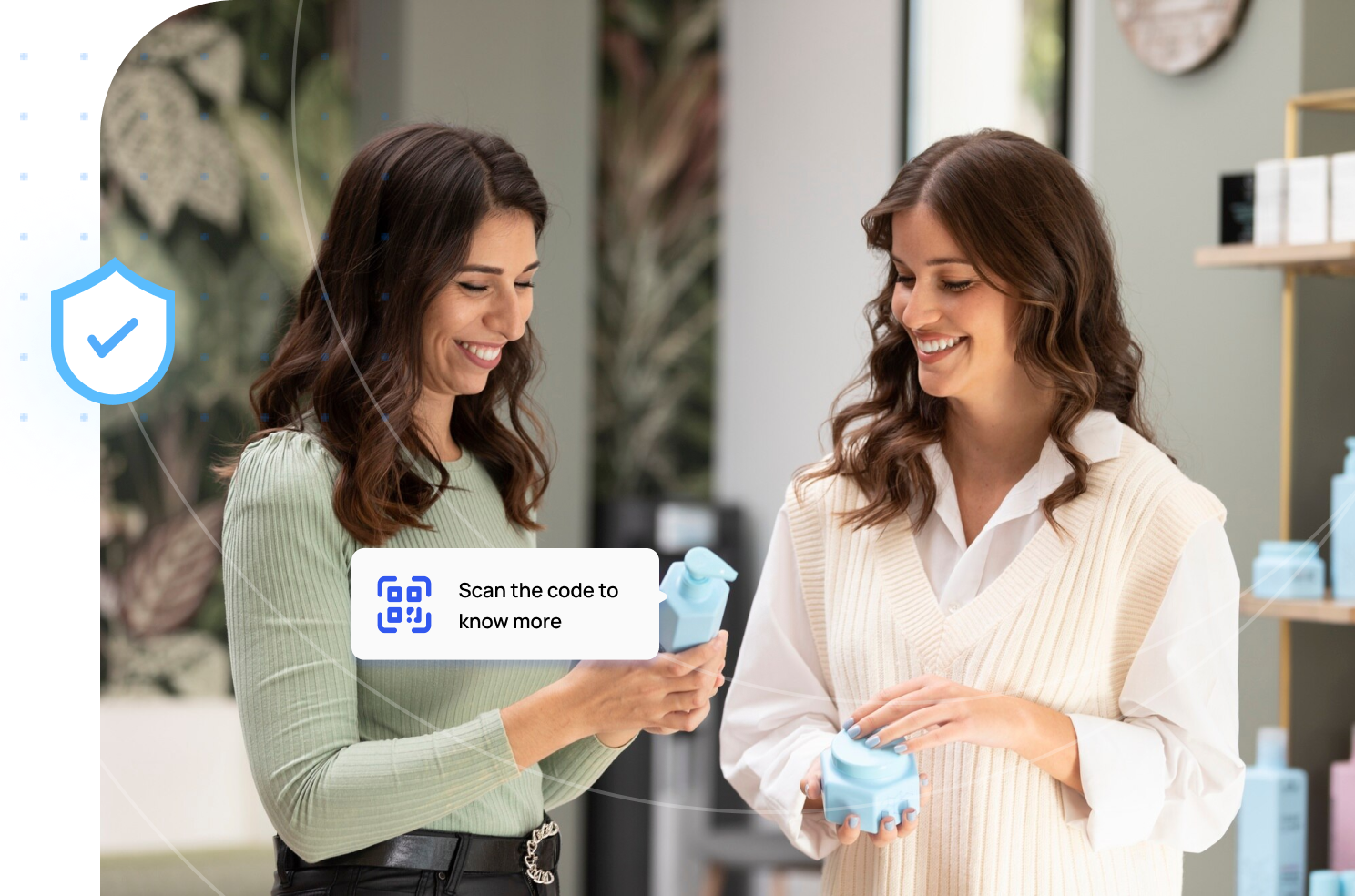Two women smiling at interactive packaging of personal care products