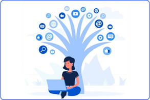 Woman using a laptop under a digital communication tree.